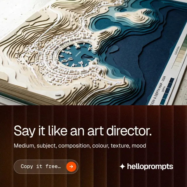 Instagram post for HelloPrompts: "Say it like an art director." Agentic glass style, bottom layout, dark palette in black, grey, blue.