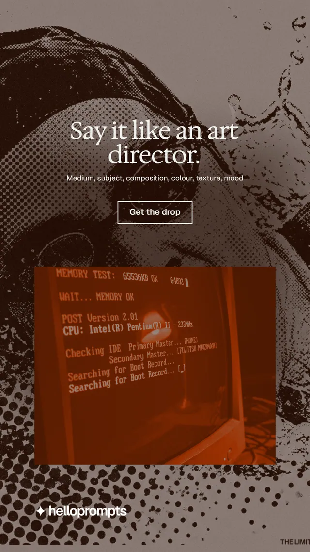 Instagram story for HelloPrompts: "Say it like an art director." Editorial style, centred layout, dark palette in orange, grey.