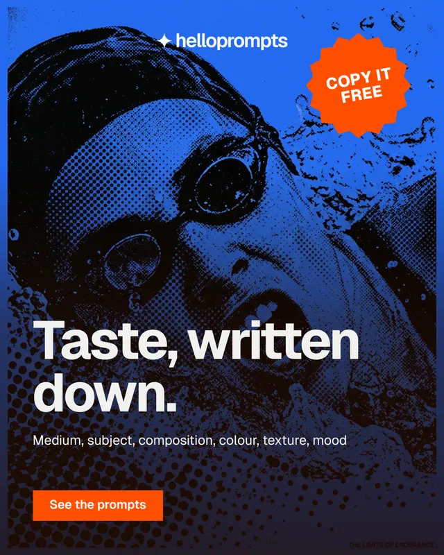 Instagram portrait post for HelloPrompts: "Taste, written down." Swiss style, sticker layout, dark palette in purple, black, blue.