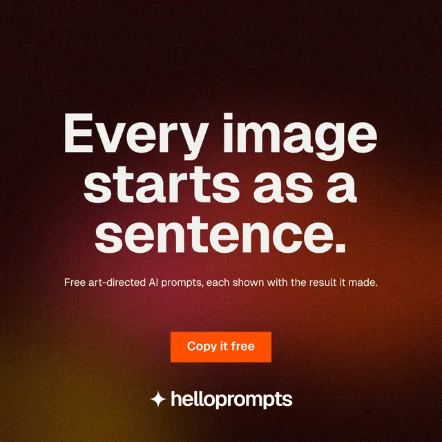 Instagram post for HelloPrompts: "Every image starts as a sentence." Swiss style, centred layout, dark palette in red, black, orange.