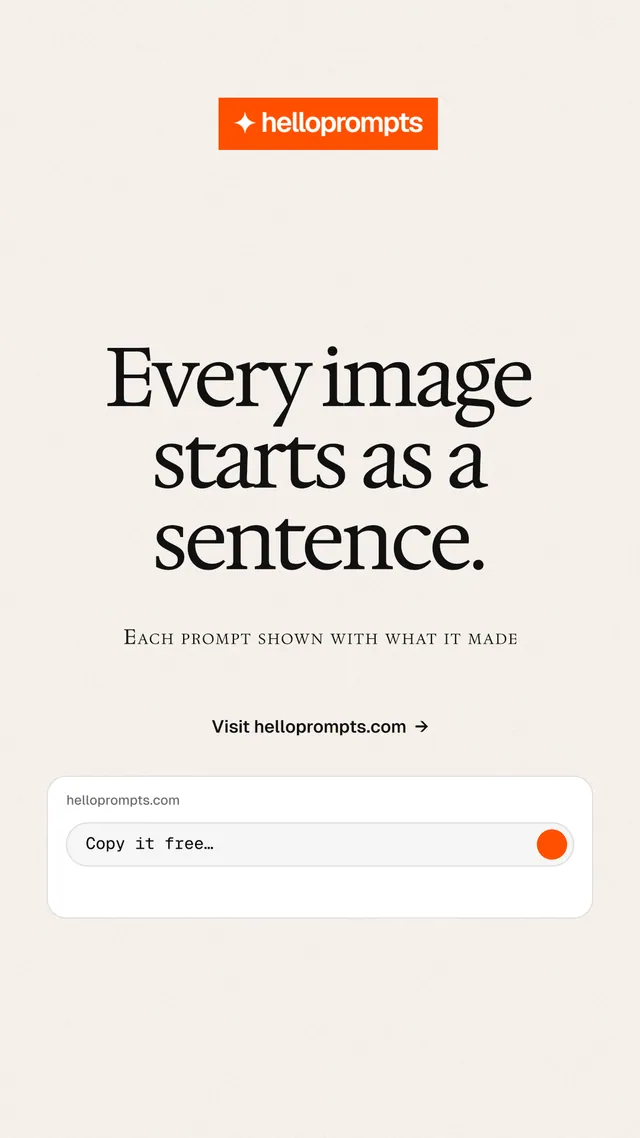 Instagram story for HelloPrompts: "Every image starts as a sentence." Swiss style, smallcaps layout, light palette in white, orange.