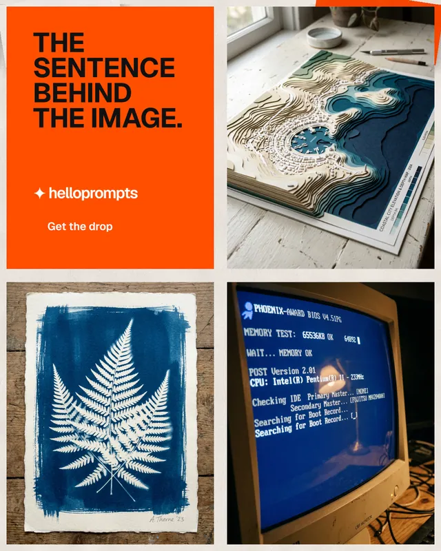 Instagram portrait post for HelloPrompts: "The sentence behind the image." Swiss style, collage layout, light palette in blue, orange, grey.
