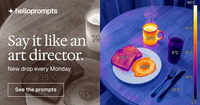 Social ad for HelloPrompts: "Say it like an art director." Editorial style, bottom layout, dark palette in grey, blue.