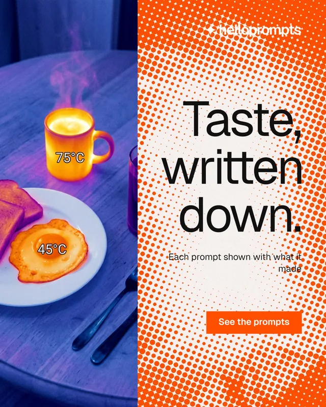 Instagram portrait post for HelloPrompts: "Taste, written down." Split block style, right layout, light palette in orange, blue.