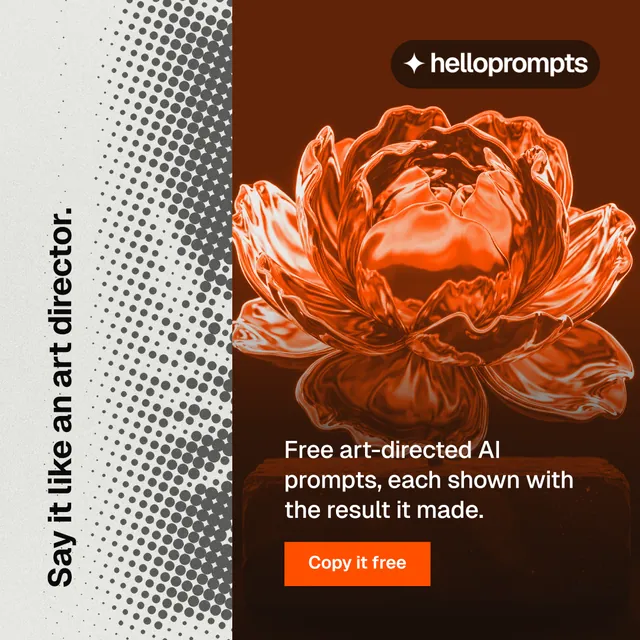 Instagram post for HelloPrompts: "Say it like an art director." Retro print style, vertical layout, light palette in white, orange, brown.