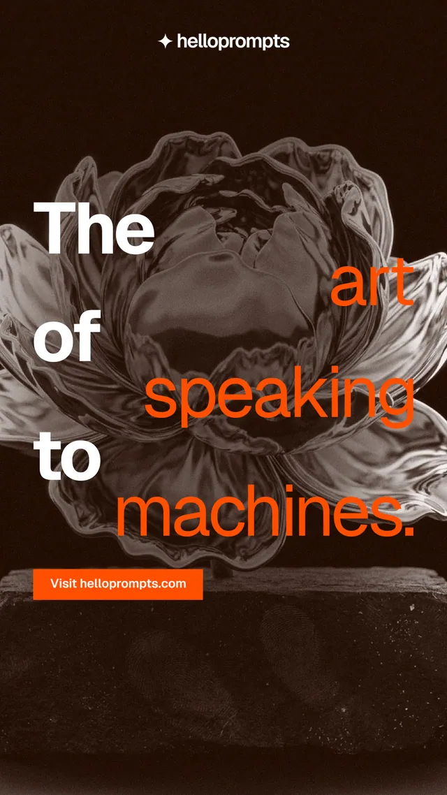Instagram story for HelloPrompts: "The art of speaking to machines." Swiss style, stacked layout, dark palette in black, orange, grey.