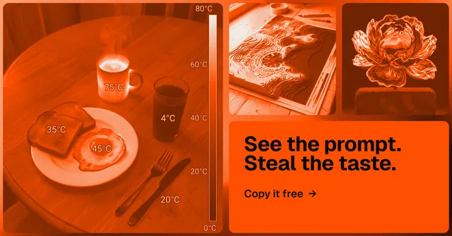 Social ad for HelloPrompts: "See the prompt. Steal the taste." Agentic glass style, collage layout, dark palette in orange.