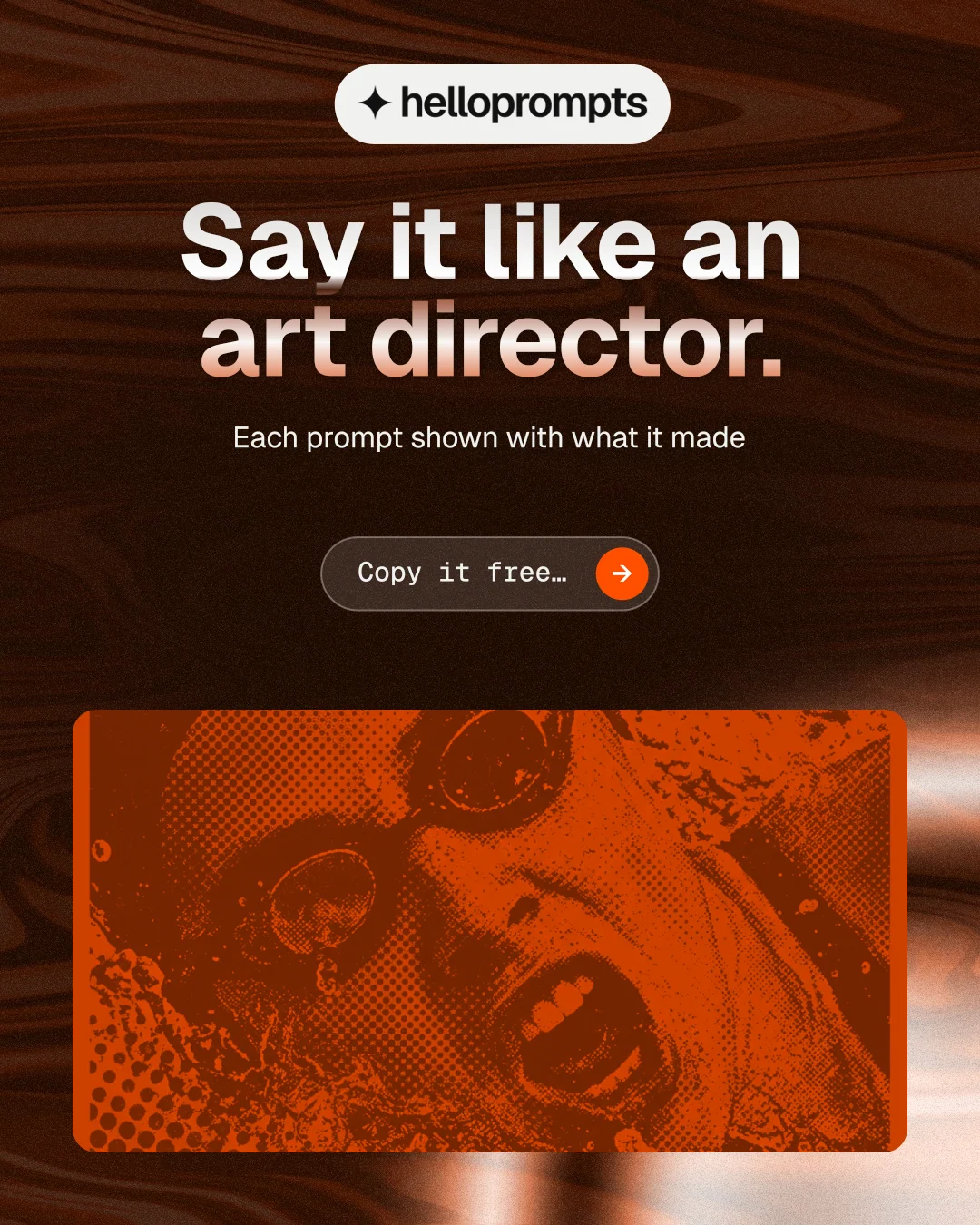 Instagram portrait post for HelloPrompts: "Say it like an art director." Agentic glass style, centred layout, dark palette in black, orange.