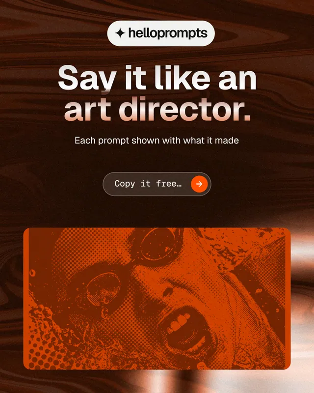 Instagram portrait post for HelloPrompts: "Say it like an art director." Agentic glass style, centred layout, dark palette in black, orange.