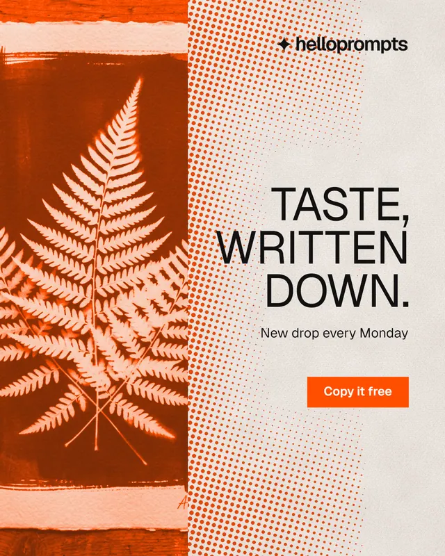 Instagram portrait post for HelloPrompts: "Taste, written down." Retro print style, right layout, light palette in orange.