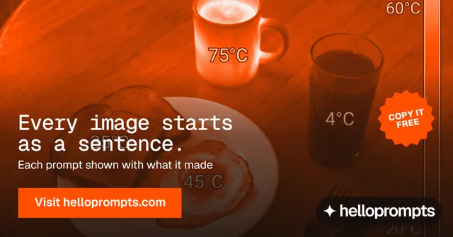 Social ad for HelloPrompts: "Every image starts as a sentence." Swiss style, sticker layout, dark palette in orange.