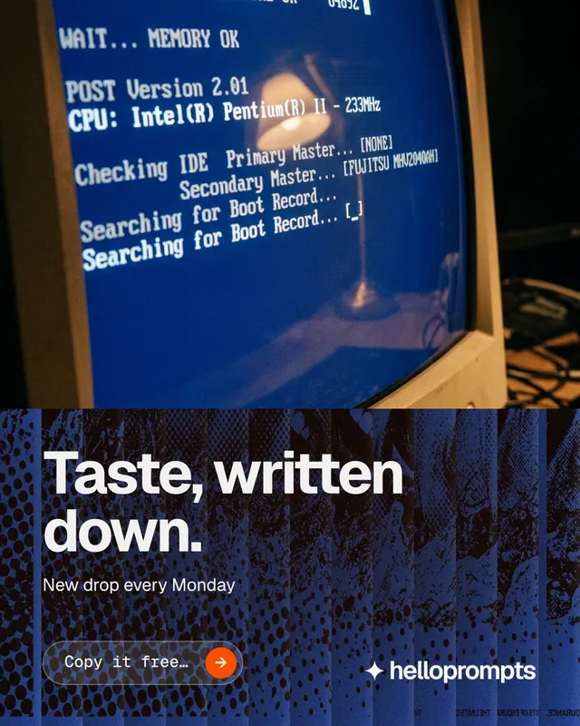 Instagram portrait post for HelloPrompts: "Taste, written down." Agentic glass style, bottom layout, dark palette in blue, black, grey.