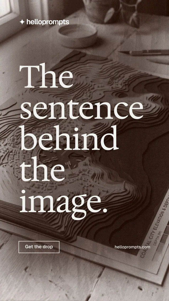 Instagram story for HelloPrompts: "The sentence behind the image." Editorial style, poster layout, dark palette in orange, grey.
