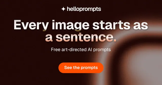 Social ad for HelloPrompts: "Every image starts as a sentence." Y2K style, centred layout, dark palette in black, grey, red.