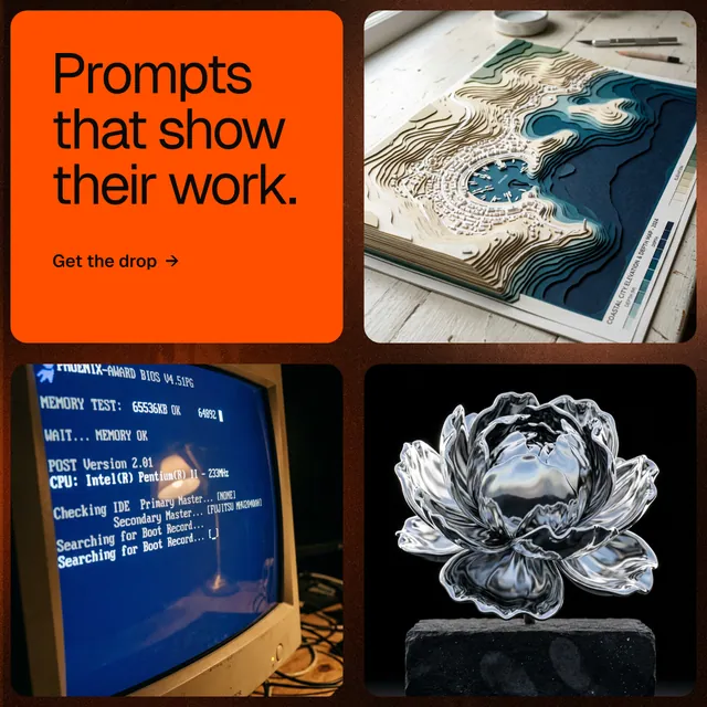 Instagram post for HelloPrompts: "Prompts that show their work." Agentic glass style, collage layout, dark palette in black, orange, grey.