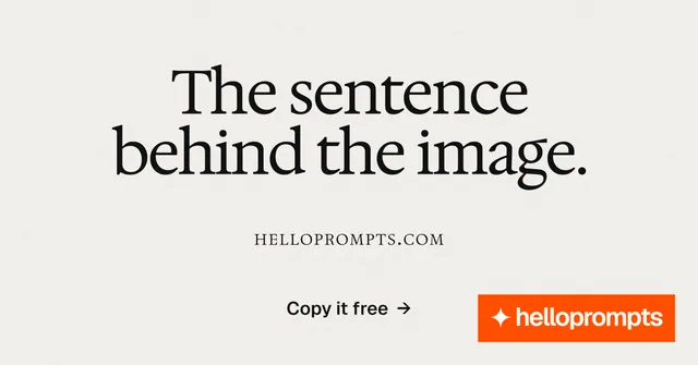 Social ad for HelloPrompts: "The sentence behind the image." Swiss style, smallcaps layout, light palette in white, orange.