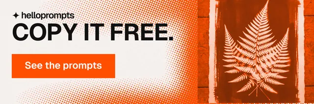 X header for HelloPrompts: "Copy it free." Swiss style, skeleton layout, light palette in white, orange, brown.
