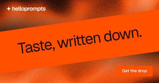 Social ad for HelloPrompts: "Taste, written down." Swiss style, diagonal layout, dark palette in orange.