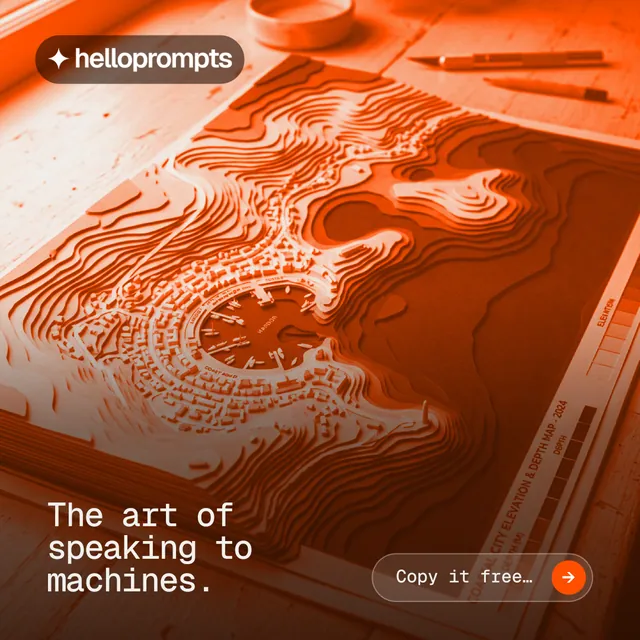 Instagram post for HelloPrompts: "The art of speaking to machines." Agentic glass style, image led layout, dark palette in orange, brown.