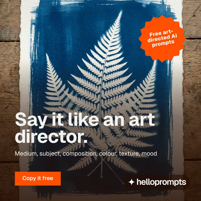 Instagram post for HelloPrompts: "Say it like an art director." Swiss style, sticker layout, dark palette in orange, blue, grey.