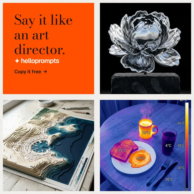 Instagram post for HelloPrompts: "Say it like an art director." Minimal luxury style, collage layout, light palette in blue, grey, red.
