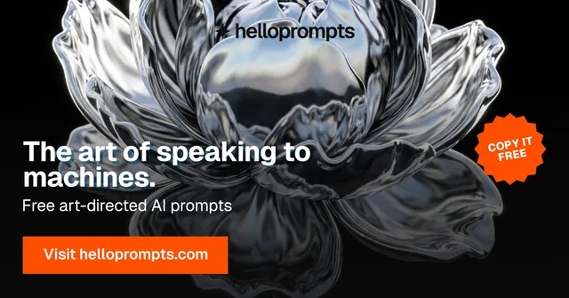 Social ad for HelloPrompts: "The art of speaking to machines." Swiss style, sticker layout, dark palette in black, orange, grey.