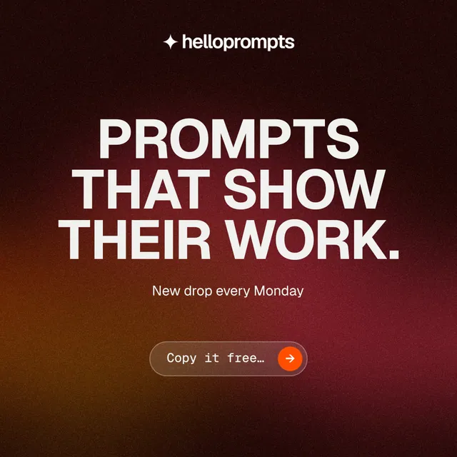 Instagram post for HelloPrompts: "Prompts that show their work." Agentic glass style, centred layout, dark palette in black, red, orange.