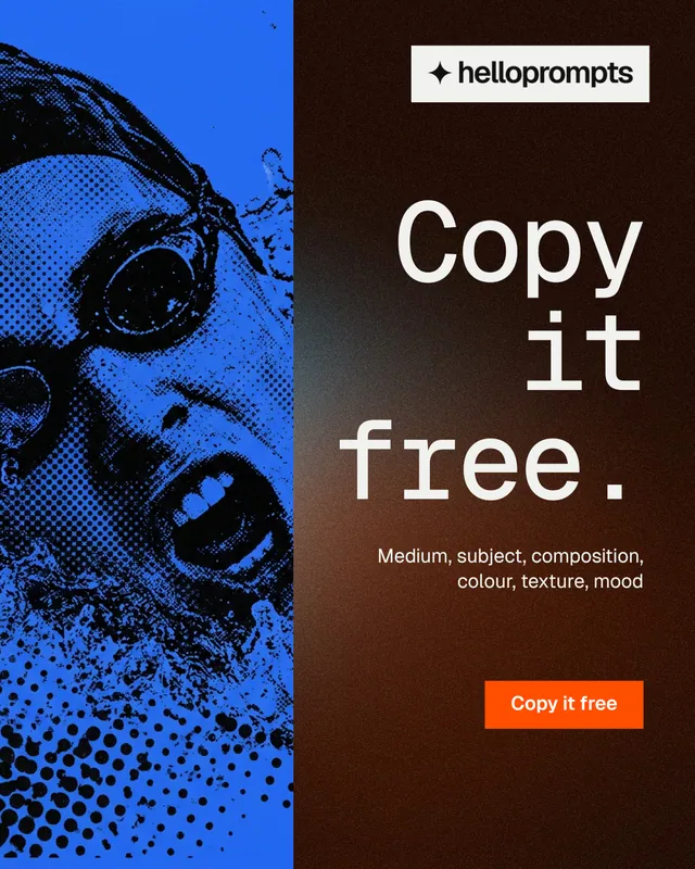 Instagram portrait post for HelloPrompts: "Copy it free." Swiss style, right layout, dark palette in blue, black, orange.