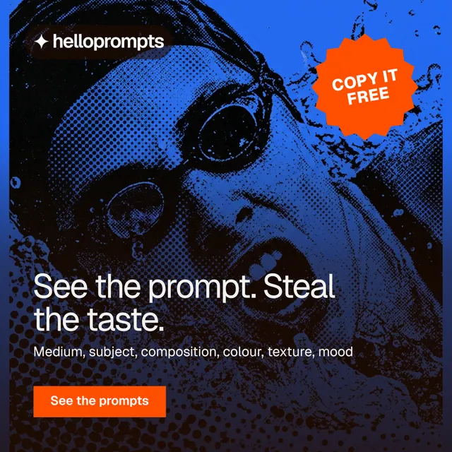 Instagram post for HelloPrompts: "See the prompt. Steal the taste." Swiss style, sticker layout, dark palette in black, blue, red.