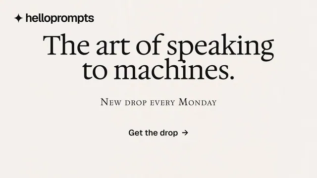 Landscape graphic for HelloPrompts: "The art of speaking to machines." Swiss style, smallcaps layout, light palette in white, grey.