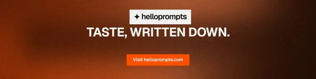 LinkedIn banner for HelloPrompts: "Taste, written down." Swiss style, centred layout, dark palette in orange.