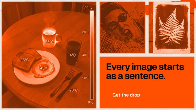 Landscape graphic for HelloPrompts: "Every image starts as a sentence." Swiss style, collage layout, dark palette in orange.