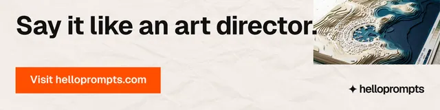 LinkedIn banner for HelloPrompts: "Say it like an art director." Swiss style, skeleton layout, light palette in white, brown, orange.