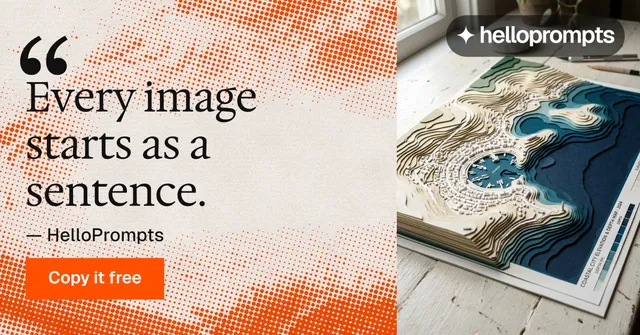 Social ad for HelloPrompts: "Prompts that show their work." Swiss style, quote layout, light palette in orange, brown.