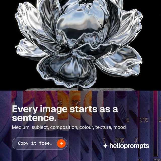 Instagram post for HelloPrompts: "Every image starts as a sentence." Agentic glass style, bottom layout, dark palette in grey, black, purple.