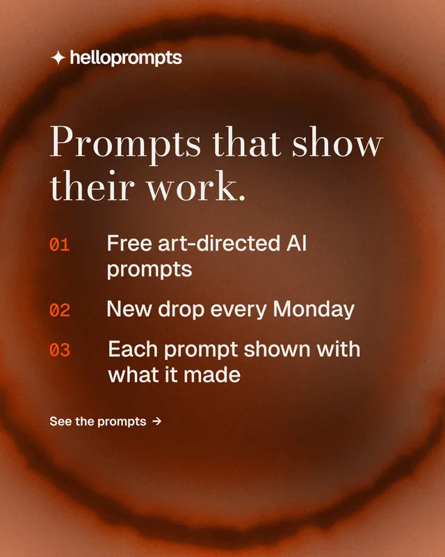 Instagram portrait post for HelloPrompts: "Prompts that show their work." Minimal luxury style, numbered layout, dark palette in orange, brown.