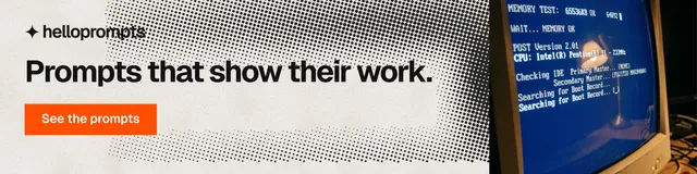 LinkedIn banner for HelloPrompts: "Prompts that show their work." Swiss style, skeleton layout, light palette in blue, grey, white.