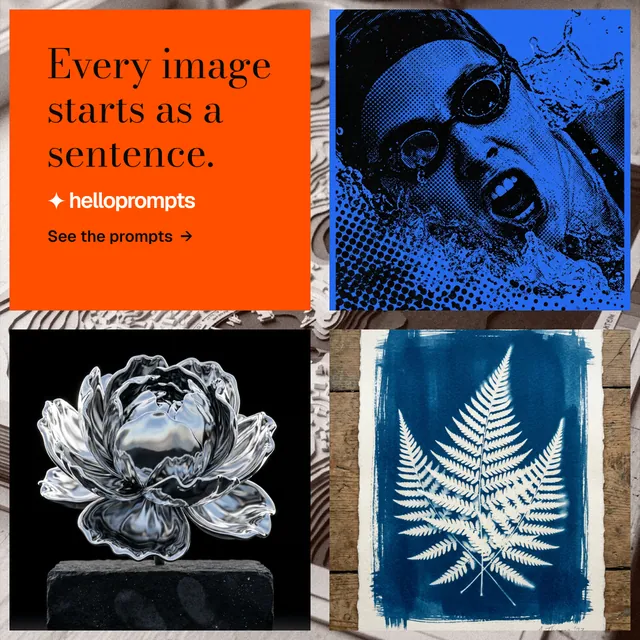Instagram post for HelloPrompts: "Every image starts as a sentence." Minimal luxury style, collage layout, dark palette in black, red, grey.