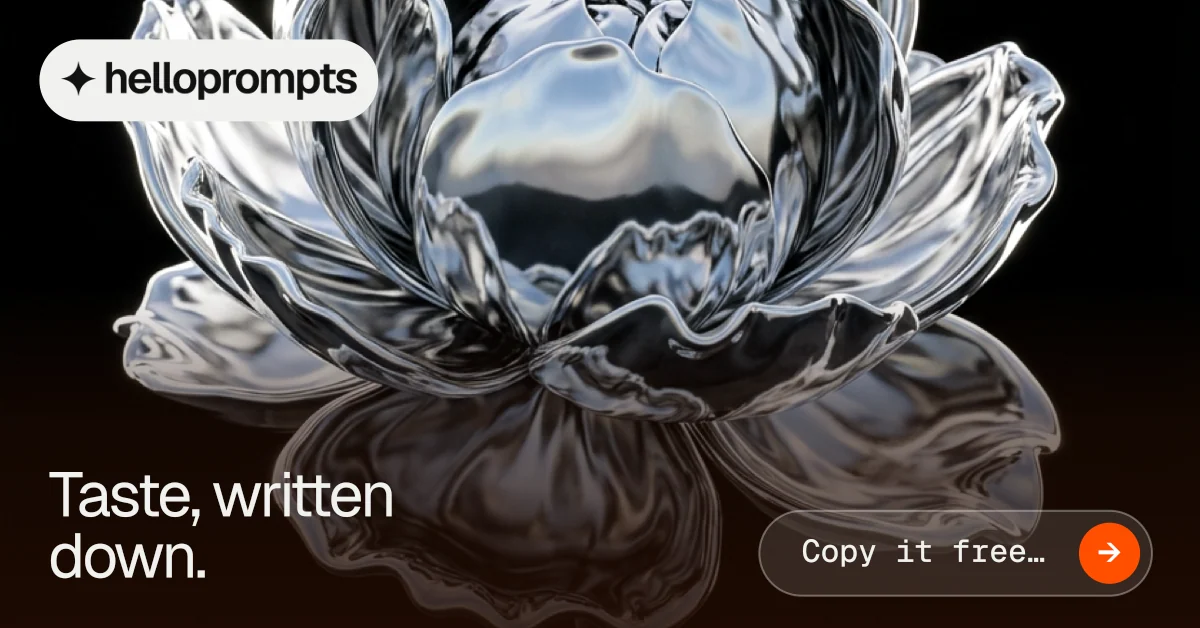 Social ad for HelloPrompts: "Taste, written down." Agentic glass style, image led layout, dark palette in grey, black.