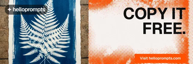 X header for HelloPrompts: "Copy it free." Swiss style, right layout, light palette in orange, grey, white.
