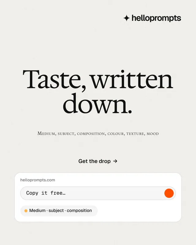 Instagram portrait post for HelloPrompts: "Taste, written down." Swiss style, smallcaps layout, light palette in white.
