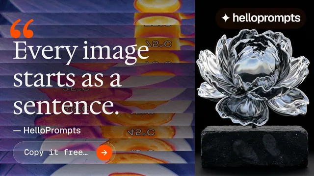 Landscape graphic for HelloPrompts: "The art of speaking to machines." Agentic glass style, quote layout, dark palette in pink, grey, black.