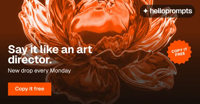Social ad for HelloPrompts: "Say it like an art director." Swiss style, sticker layout, dark palette in orange, black.