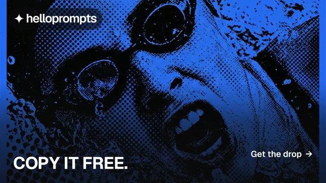 Landscape graphic for HelloPrompts: "Copy it free." Swiss style, image led layout, dark palette in black, blue.