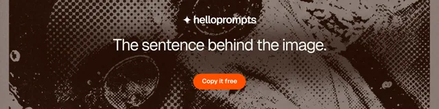 LinkedIn banner for HelloPrompts: "The sentence behind the image." Photo poster style, centred layout, dark palette in grey, black, orange.