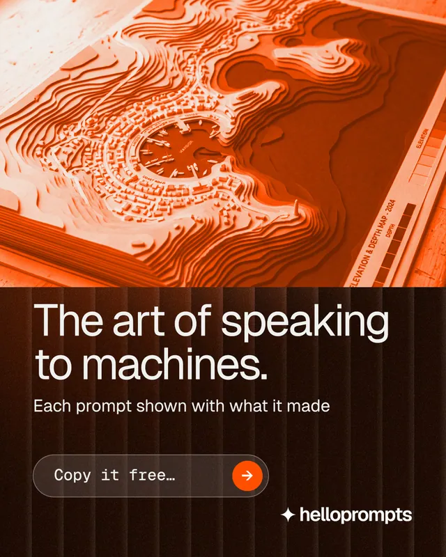 Instagram portrait post for HelloPrompts: "The art of speaking to machines." Agentic glass style, skeleton layout, dark palette in black, orange.