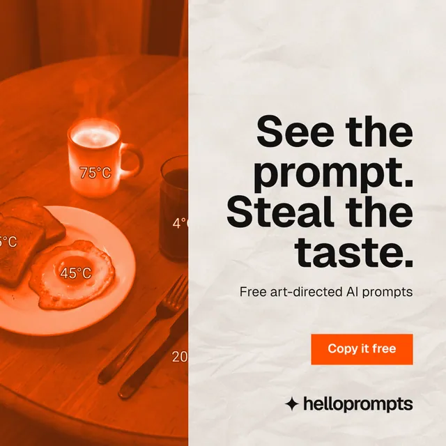 Instagram post for HelloPrompts: "See the prompt. Steal the taste." Swiss style, right layout, light palette in orange.