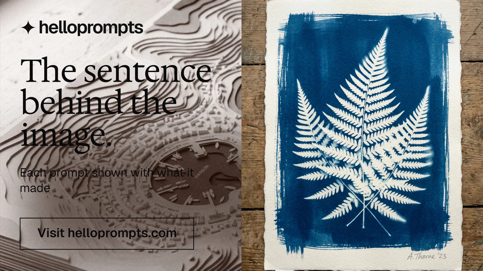 Landscape graphic for HelloPrompts: "The sentence behind the image." Editorial style, bottom layout, light palette in grey, blue, yellow.