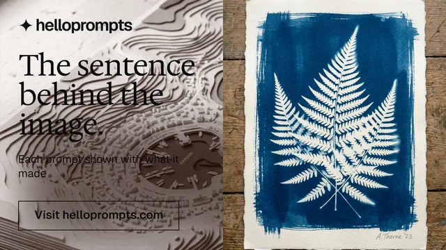 Landscape graphic for HelloPrompts: "The sentence behind the image." Editorial style, bottom layout, light palette in grey, blue, yellow.