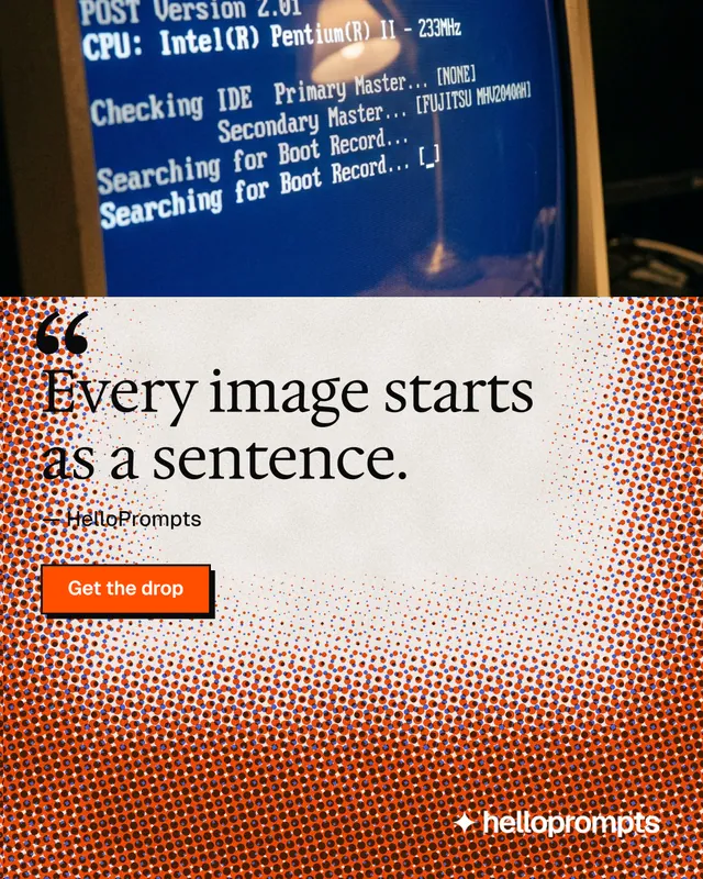 Instagram portrait post for HelloPrompts: "The sentence behind the image." Brutalist style, quote layout, light palette in blue, orange, red.